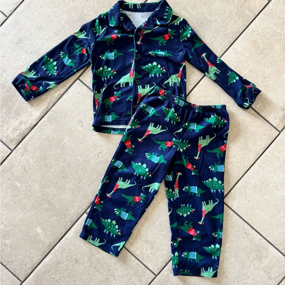 ❌DONATED❌ Carter's Winter/Holiday Dinosaur Flannel Pajama Set - Navy and Green